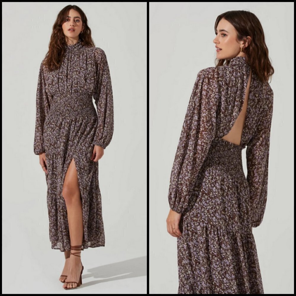 💕ASTR💕 Mock Neck Smocked Waist Maxi Dress ~ Brown & Purple Ditsy Floral M NWT